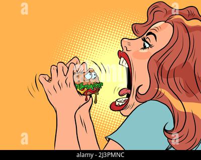 Une femme mord un adorable hamburger dans un restaurant, humour de restauration rapide Illustration de Vecteur