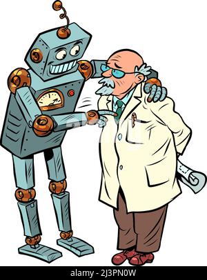 Le robot parle au professeur, à l'intelligence artificielle et à l'esprit humain. Deux amis Illustration de Vecteur