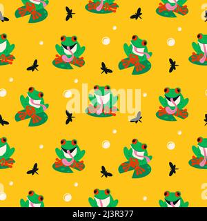 Grenouille verte avec yeux rouges et motif sans couture sur fond jaune Illustration de Vecteur