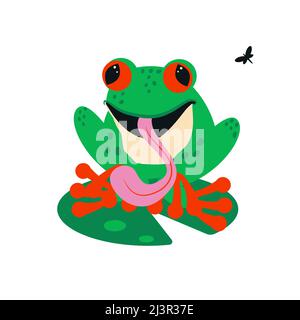 Grenouille verte avec yeux rouges et languette isolées sur fond blanc Illustration de Vecteur