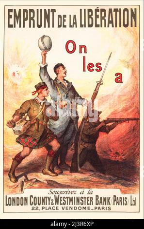 Une affiche publicitaire française du début du 20th siècle pour les banques britanniques à Paris, datant de la première Guerre mondiale de 1914-1918, montrant trois soldats : un portant un kilt, un casque levant, un tirant son fusil. L'artiste était Fermin Bouisset (1859-1925) Banque D'Images