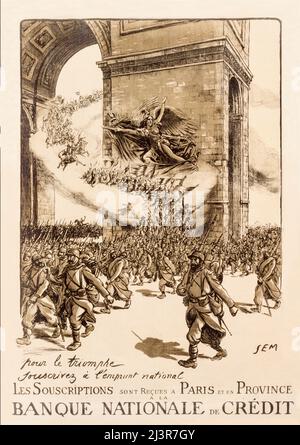 Une affiche publicitaire française du début du 20th siècle de la première Guerre mondiale, 1914-1918, montrant des troupes de l'ère napoléonienne, de la Révolution française et de la première Guerre mondiale, marchant à travers l'Arc de Triomphe chantant la Marseillaise, le symbole national français de mobilisation. L'artiste est Georges Goursat, connu sous le nom de SEM, caricaturiste français (1863-1934). Banque D'Images