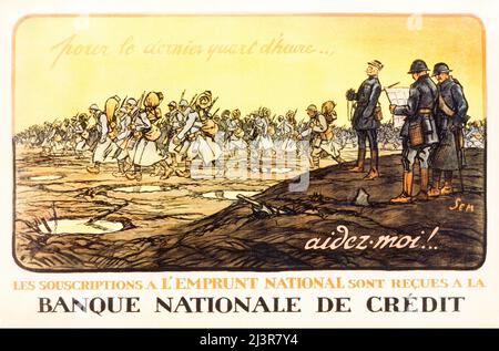 Une affiche publicitaire française du début du siècle 20th de la première Guerre mondiale, 1914-1918, montrant le général Ferdinand Foch (1851-1929) qui supervise ses troupes lorsqu'elles marchent sur le champ de bataille. Foch est nommé commandant en chef des armées alliées en 1918. L'artiste est Georges Goursat, connu sous le nom de SEM, caricaturiste français (1863-1934). Banque D'Images