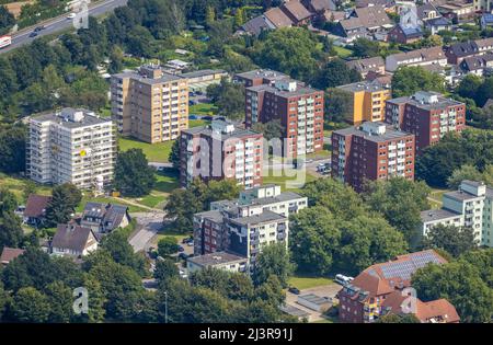 Photographie aérienne, rénovation d'un immeuble résidentiel dans la tour de logement Blumenstraße et Auf dem Spiek à Kamen, région de Ruhr, Nord du Rhin Banque D'Images