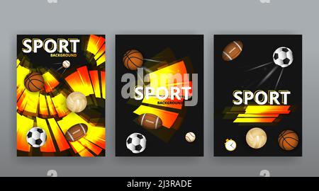Matériel de sport de fond, sports de ballon, basket-ball, football, football, ping-pong, tennis, tennis de table, bute, baseball, volley. Ensemble d'affiches, f Illustration de Vecteur
