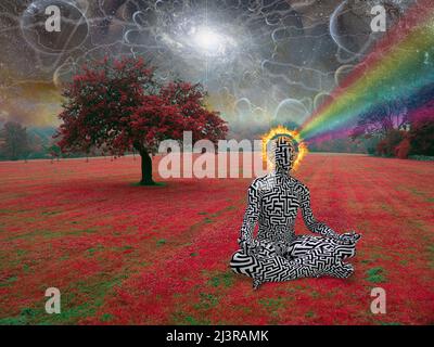 Homme dans lotus pose avec halo brûlant dans paysage surréaliste. 3D rendu Banque D'Images