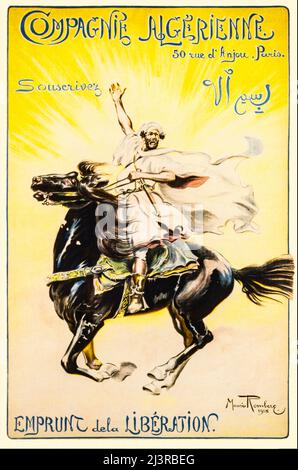Affiche publicitaire française du début du 20th siècle de la première Guerre mondiale, 1914-1918, montrant un homme en robe algérienne à cheval. L'Algérie et l'Afrique de l'Ouest française ont envoyé 500 000 hommes pour lutter pour la France. L'artiste est Maurice Romberg (1862-1943) Banque D'Images