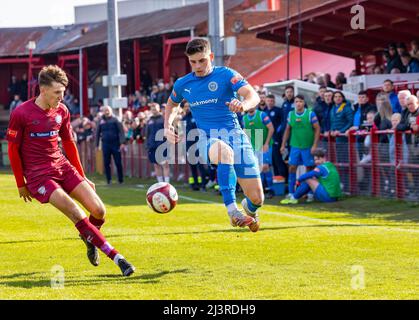 Workington, Cumbria, 09 avril 2022 ; l'AFC de Workington, qui occupe actuellement le deuxième rang dans le pitching de la Northern Premier League West, a organisé un match de haut en haut de la table à Borough Park avec le FC Warrington Rylands qui occupe la première place. Workington a égalé tard dans le jeu pour faire le score un tirage de 1-1 crédit: John Hopkins/Alay Live News Banque D'Images