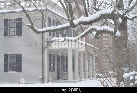 Scène hivernale enneigée du campus de l'Université Harvard à Cambridge, Massachusetts, avec des bâtiments architecturaux historiques pendant une tempête de neige hivernale. Banque D'Images