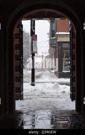 Scène hivernale enneigée du campus de l'Université Harvard à Cambridge, Massachusetts, avec des bâtiments architecturaux historiques pendant une tempête de neige hivernale. Banque D'Images