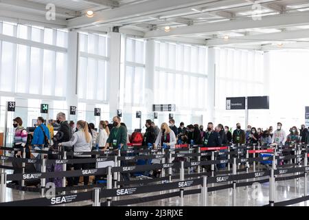 SeaTac, Washington, États-Unis. 9th avril 2022. Des bénévoles se font l'effet d'un dépistage de sécurité lors d'une simulation de circulation des passagers au site des arrivées internationales de l'aéroport international de Seattle-Tacoma. La nouvelle installation du port de Seattle, d’une superficie de 450 000 000 pieds carrés, devrait ouvrir le mois prochain après l’achèvement des tests de préparation opérationnelle finaux. Crédit : Paul Christian Gordon/Alay Live News Banque D'Images