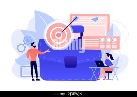 Homme d'affaires chez TARGET et Arrow et femme analysant les données et l'ordinateur portable. Stratégie commerciale, objectifs commerciaux et concept de plan sur fond blanc. Rose c Illustration de Vecteur