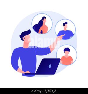 Réseau social. Service de rencontres en ligne, chat, communication Internet. Personnage de dessin animé de fille regardant des profils avec photo sur les médias sociaux. Vecteur Illustration de Vecteur