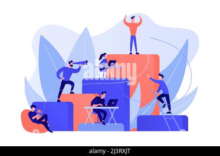 Les gens d'affaires travaillent et grimpent sur l'échelle de l'entreprise. Hiérarchie de l'emploi, planification de carrière, échelle de carrière et concept de croissance sur fond blanc. Rose Illustration de Vecteur