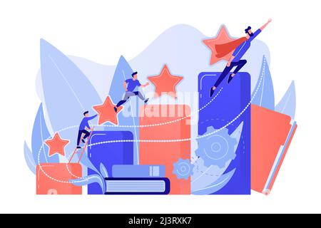 Les hommes d'affaires grimpent le graphique à colonnes de croissance. Développement de carrière et de personnalité, careerbuilder, concept de progrès de planification de carrière sur fond blanc. Rose c Illustration de Vecteur
