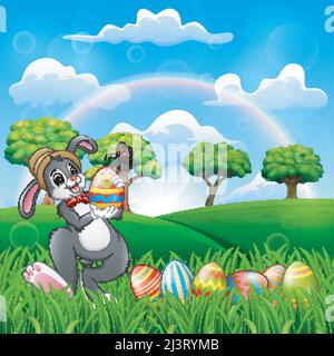 Lapin heureux tenant un œuf de pâques décoré Illustration de Vecteur