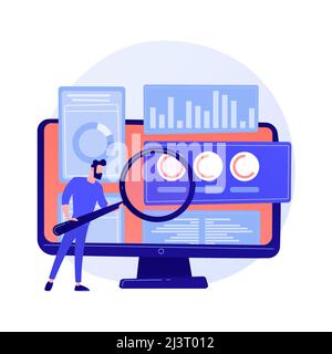 Audit d'entreprise. Personnage de dessin animé spécialiste financier avec loupe. Examen des informations graphiques statistiques. Statistiques, diagramme, graphique. VEC Illustration de Vecteur