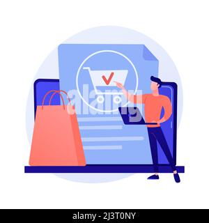 Commande en ligne, achat, achat de marchandises sur le site Internet de la boutique. Client féminin avec une tablette ajoutant un produit au personnage de dessin animé du chariot. Vecteur Illustration de Vecteur