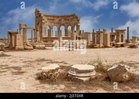 La Libye, Leptis Magna. Ruines du marché. Banque D'Images