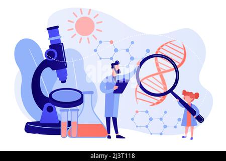 Une fille avec loupe et scientifique font une expérience, des gens minuscules. Camp de sciences pour enfants, leçons de jeunes scientifiques, concept de tests de laboratoire pour enfants. Illustration de Vecteur