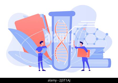 Scientifiques avec dossier et presse-papiers travaillant avec l'ADN énorme dans le tube à essai. Test génétique, test ADN, concept de diagnostic génétique sur fond blanc. Illustration de Vecteur