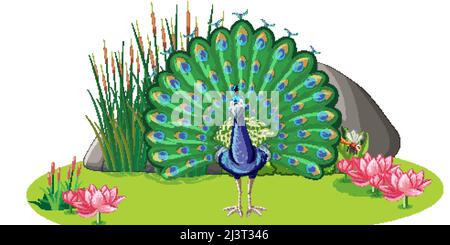 Un paon avec élément nature sur fond blanc Illustration de Vecteur