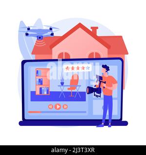 Vidéo de visite de l'immobilier résumé concept illustration vectorielle. Marketing immobilier, vidéo en ligne de drone en streaming, tournage promotionnel, open House, fu Illustration de Vecteur