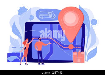Parents regardant la localisation de bus scolaire et la carte sur la tablette. Système de suivi des enfants, route des autobus scolaires, sécurité des enfants, concept de parents concious de sécurité Illustration de Vecteur