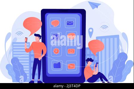Un téléphone intelligent pour homme à proximité d'un immense smartphone avec icônes d'application à l'écran pour vérifier les réseaux sociaux et les flux d'actualités. Réseaux sociaux, conseils d'actualités, Internet des objets et Smart City con Illustration de Vecteur