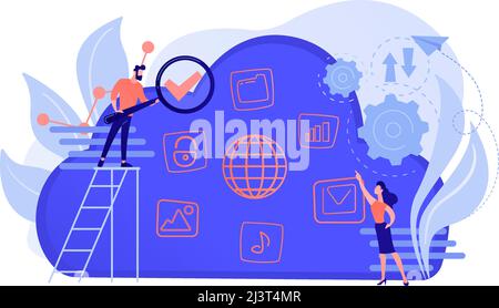 Deux utilisateurs recherchent le Big Data dans le cloud. Technologie de stockage informatique, grande base de données, analyse de données, concept d'information numérique. Isoler le vecteur Illustration de Vecteur