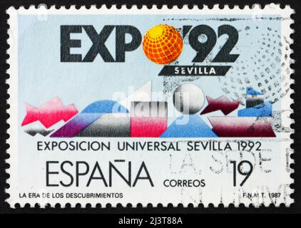 ESPAGNE - VERS 1987 : un timbre imprimé en Espagne montre des formes géométriques, EXPO 92 Séville, vers 1987 Banque D'Images