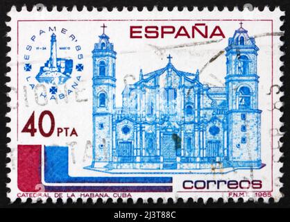 ESPAGNE - VERS 1985: Un timbre imprimé en Espagne montre la cathédrale de la Havane, Catedral de San Cristobal de la Habana, Cuba, vers 1985 Banque D'Images