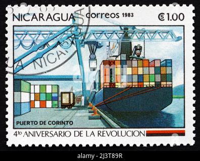 NICARAGUA - VERS 1983: Un timbre imprimé au Nicaragua montre Port de Corinto, vers 1983 Banque D'Images