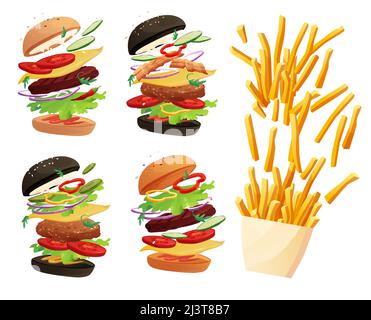 Délicieux hamburger volant avec Chili, tomate, fromage, concombre, viande, oignon, ketchup et salade. Petits pains au sésame. Illustration de dessin animé. Illustration de Vecteur