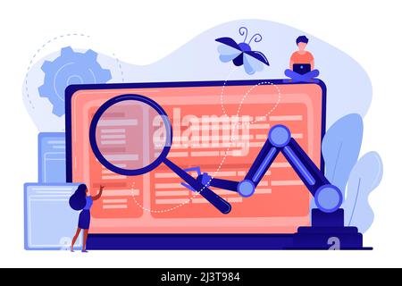Ordinateur portable et logiciel pour les tests de processus, testeurs de personnes minuscules. Test automatisé, test automobile exécuté, concept de testeur automatique logiciel. Rose Illustration de Vecteur