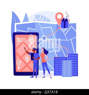 Illustration vectorielle de concept abstrait de quête urbaine interactive. Organisation de jeux urbains, aventure touristique, promenade en ville, application smartphone, sites Illustration de Vecteur