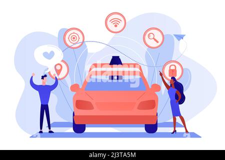 Les hommes d'affaires aiment la voiture autonome sans conducteur avec des icônes de technologie intelligente. Conduite autonome, voiture autonome, concept de système de transport futur. Pinki Illustration de Vecteur