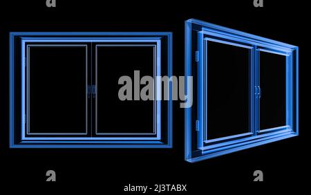 3d cadre de profil de fenêtre upvc de rendu des rayons x isolé sur le noir Banque D'Images