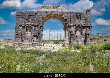 Volubilis, au Maroc. L'Arc de Caracalla, construit 217AD, reconstruit 1930-1934. Banque D'Images