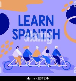 Affiche indiquant apprendre l'espagnol. Business idée Traduction langue en Espagne Vocabulaire dialecte Discours collègues Riding Bicycle représentant Teamwork Banque D'Images