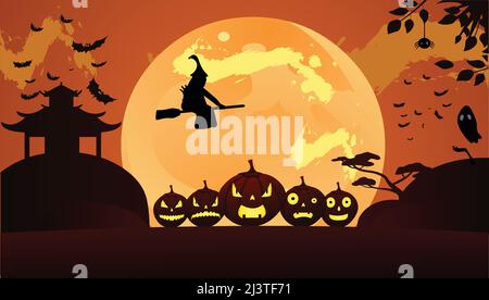 Arrière-plan du champ d'Halloween avec citrouilles, nuit d'horreur orange avec pleine lune, illustration. Illustration de Vecteur