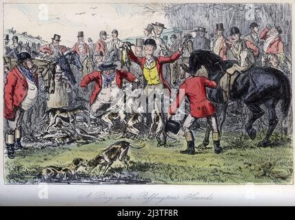 Une journée avec Puffington's Hounds... Gravure en acier faite à la main par John Leech de la tournée sportive de M. Sponge de Robert Smith Surtees, vers 1850. Un pilote tient la carcasse d'un renard à la fin d'une expédition de chasse au renard anglais traditionnel réussie. Banque D'Images