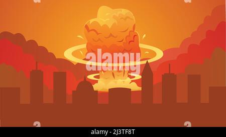 Explosion d'une bombe atomique, explosion nucléaire champignon orange vif chapeau de nuage en ville caricature poster illustration vectorielle abstraite. Illustration de Vecteur