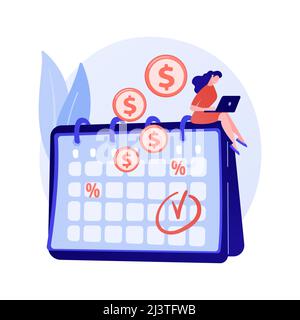 Intérêts sur dépôt, placement rentable, revenu fixe. Paiements réguliers, reçus de caisse récurrents. Destinataire d'argent avec personnage de dessin animé de calendrier. Illustration de Vecteur