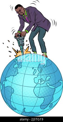 Un homme d'affaires africain avec un marteau à inertie extrait les ressources naturelles de la planète. L'économie mondiale. Activité mondiale. Pop Art Retro Vector il Illustration de Vecteur