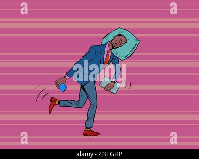 Un homme d'affaires africain fatigué dort en déplacement. Va au travail le matin avec sa tête sur un oreiller. Pop Art Retro Vector Illustration 50s 60s Vinta Illustration de Vecteur