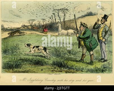 M. Jogglebury Crowdey avec son chien et son fusil. Gravure en acier faite à la main par John Leech de la tournée sportive de M. Sponge de Robert Smith Surtees, vers 1850. M. Sponge et M. Crowdey voient une fuite de lièvre lors d'une chasse dans la campagne anglaise. Banque D'Images