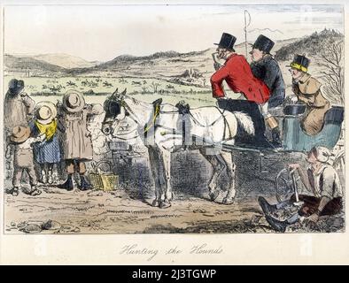 la chasse aux hordes. Gravure en acier faite à la main par John Leech de la tournée sportive de M. Sponge de Robert Smith Surtees, vers 1850. Les gens se sont rassemblés sur un mur de rochers pour observer un groupe de monticules et de cavaliers sur une chasse traditionnelle du renard anglais. Banque D'Images