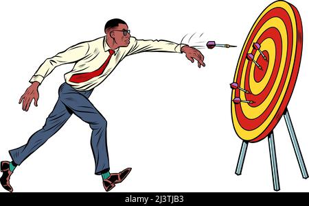 L'homme d'affaires africain cible dart cible la concurrence de précision, le plaisir sportif et les loisirs. Pop art rétro vecteur illustration bande dessinée caricature 50s 60s sty Illustration de Vecteur