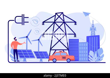 Homme d'affaires dans la ville verte et la voiture électrique utilisant le carburant alternatif. Combustibles de remplacement, électricité stockée chimiquement, sources non fossiles concept. Pinki Illustration de Vecteur